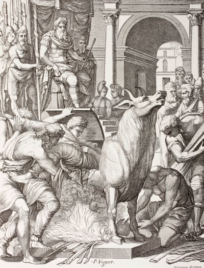 Phalaris condemning the sculptor Perillus to die in the bronze bull, to be roasted alive and his cries will represent the bellowing of the bull, after a 16th century work, from 